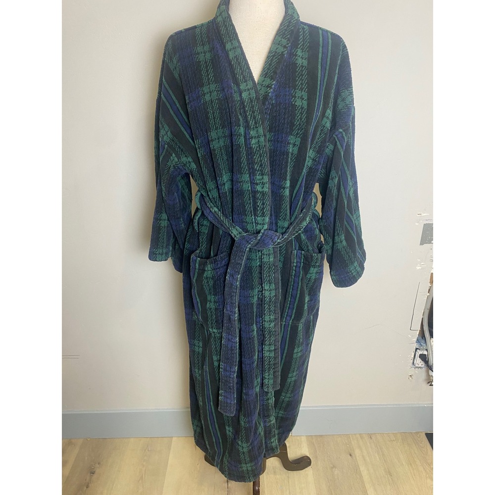 Vintage Barrington Plaid Terry Cloth Robe Mens Womens Green Blue Cotton 90s OSFM